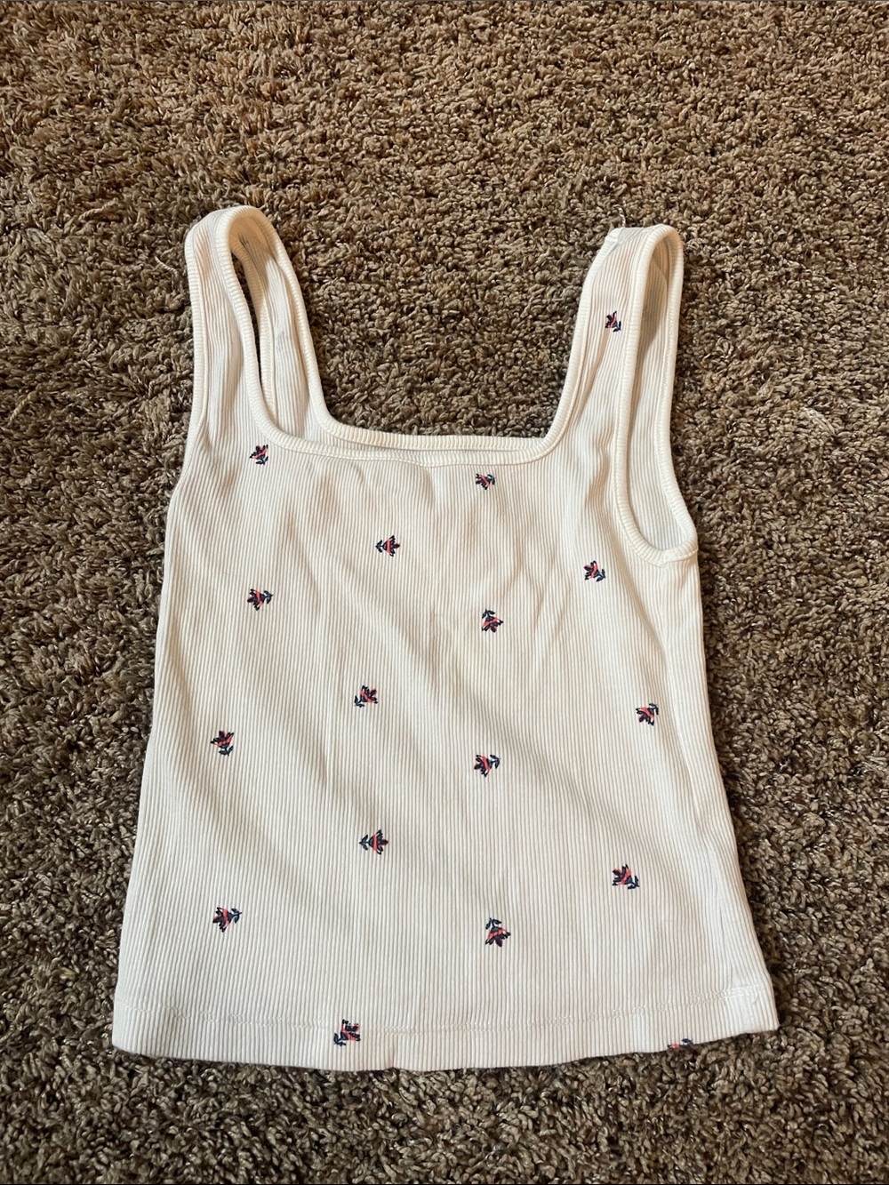 Women’s White Ribbed Tank Top with Pink Floral Embroidery